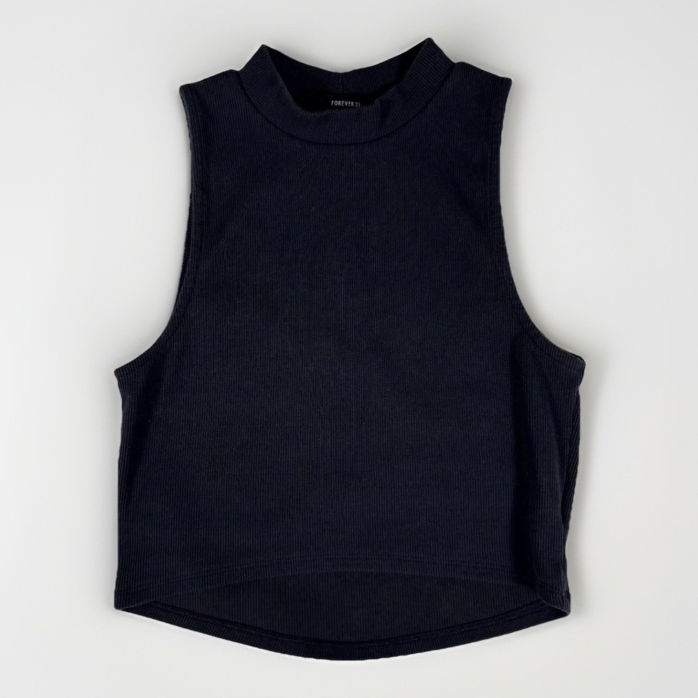 Forever 21 Ribbed Mock Neck Tank Top Womens Large Black Crop Sleeveless Capsule